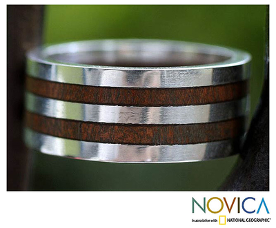 Men's wood ring, 'Triumph' - Men's Hand Made Wood and Sterling Silver Band Ring