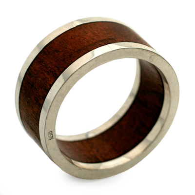 Men's wood and sterling silver ring, 'Forest Halo' - Men's Wood and Silver Band Ring