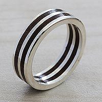 Sterling silver band ring, 'The Race' - Sterling Silver and Wood Band Ring