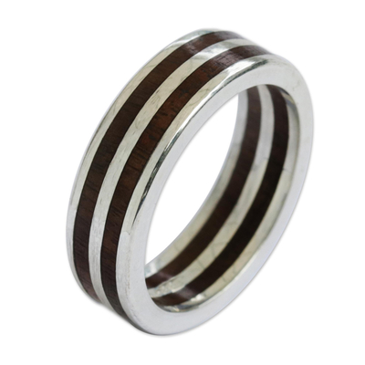 Sterling silver band ring, 'The Race' - Sterling Silver and Wood Band Ring