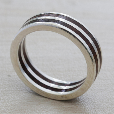 Sterling silver band ring, 'The Race' - Sterling Silver and Wood Band Ring