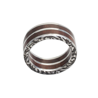 Men's sterling silver band ring, 'Forest Vines' - Men's Sterling Silver and Wood Band Ring