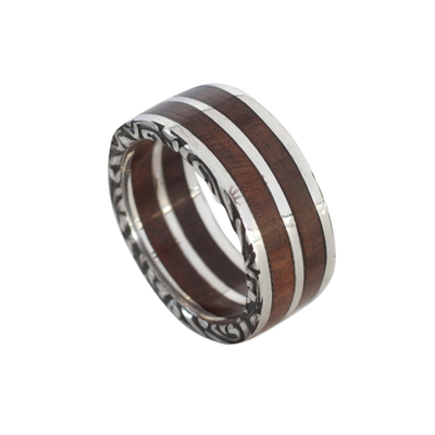 Men's sterling silver band ring, 'Forest Vines' - Men's Sterling Silver and Wood Band Ring