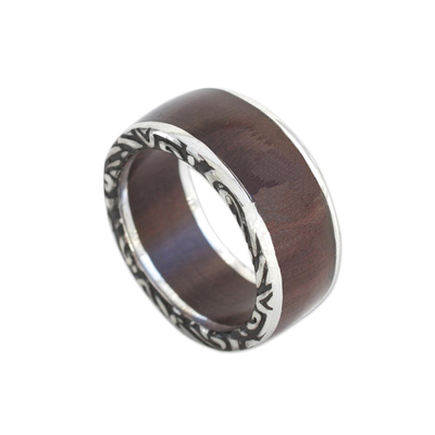 Men's sterling silver band ring, 'Rainforest Adventure' - Men's Sterling Silver and Wood Band Ring