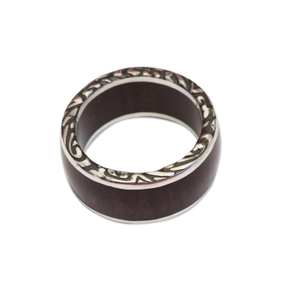 Men's sterling silver band ring, 'Rainforest Adventure' - Men's Sterling Silver and Wood Band Ring