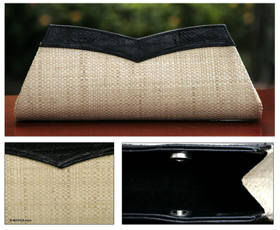 Leather and buriti palm clutch handbag, 'Copacabana' - Unique Leather and Buriti Palm Clutch Handbag