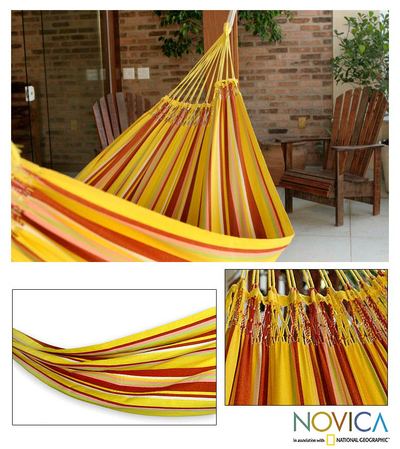 Cotton hammock, 'Sunny Brazil' (double) - Hand Made Yellow Striped Fabric Hammock (Double)