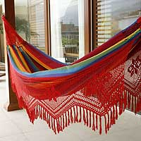 Cotton hammock, 'Icarai Rainbow' (double) - Fine Cotton Hammock Rainbow Red Crocheted (Double)