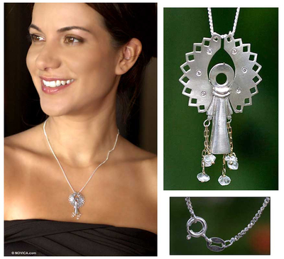 Diamond pendant necklace, 'Angel Raphael' - Sterling Silver and Diamond Pendant Necklace