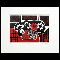 'Red Vase' - Modern Cubist Linocut Print in Black and Red