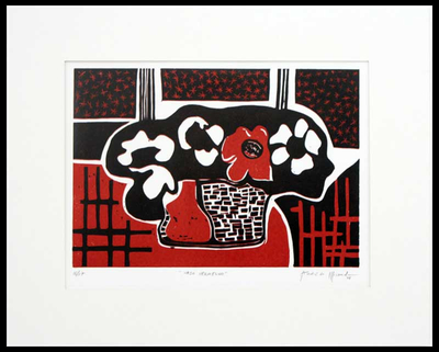 „Rote Vase“. - Moderner kubistischer Linoldruck in Schwarz und Rot