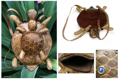 Leather backpack bag, 'Mother Turtle' - Animal Themed Leather Backpack from Brazil
