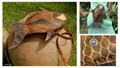 Leather shoulder bag, 'Amazon Fish' - Hand Crafted Leather Shoulder Bag