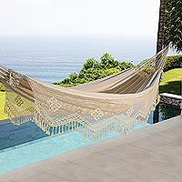 Cotton hammock, 'Manaus Majesty' (double) - Lace Trimmed Cotton Hammock