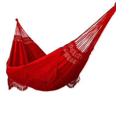 Cotton hammock, 'Recife Red' (double) - Handcrafted Cotton Solid Fabric Hammock (Double)