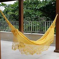 Cotton hammock, 'Amazon Sun' (double) - Artisan Crafted Cotton Solid Yellow Fabric Hammock (Double)