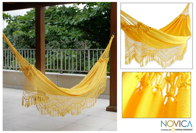 Cotton hammock, 'Amazon Sun' (double) - Artisan Crafted Cotton Solid Yellow Fabric Hammock (Double)