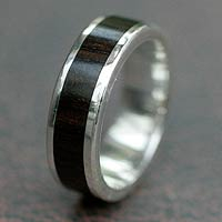 Men's silver and wood band ring, 'Strength and Solidarity'