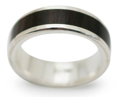 Men's silver and wood band ring, 'Strength and Solidarity' - Men's Fair Trade Fine Silver Wood Band Ring