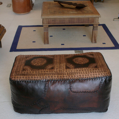 Leather ottoman cover, 'Dual Universe' (double) - Leather ottoman cover (Double)