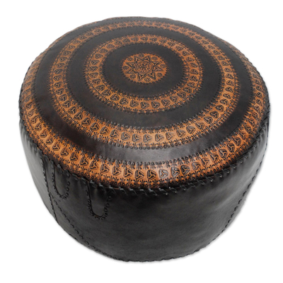 Leather ottoman cover, 'Manaus Star' - Handcrafted Leather Ottoman Cover