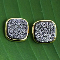 Gold plated drusy agate button earrings, 'Purple Galaxy'