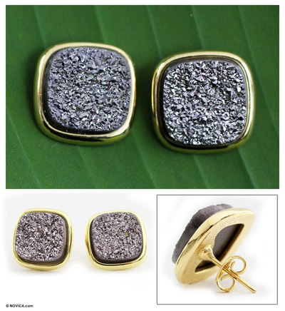 Gold plated drusy agate button earrings, Purple Galaxy
