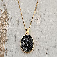 Brazilian drusy agate pendant necklace, 'Galactic Black' - Handcrafted Gold Plated Drusy Pendant Necklace