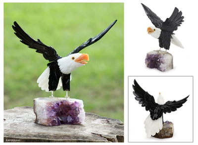 Calcite and amethyst sculpture, 'Brave American Eagle' - Calcite and amethyst sculpture