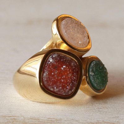 Brazilian drusy agate cocktail ring, 'Color Trio' - Fair Trade Gold Plated Drusy Cocktail Ring