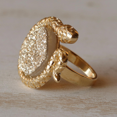 Brazilian drusy agate cocktail ring, 'Golden Amazon Serpent' - Fair Trade Gold Plated Drusy Cocktail Ring