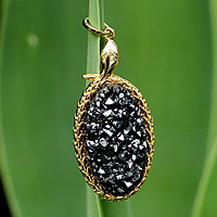 Brazilian drusy agate pendant, 'Black Amazon Serpent' - Gold-plated Pendant