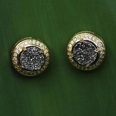 Brazilian drusy agate button earrings, 'Moon Shadow' - Hand Crafted Gold Plated Button Druzy Earrings