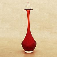 Handblown art glass decanter, 'Vermilion Passion' - Collectible Murano Inspired Glass Decorative Decanter
