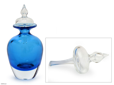 Handblown art glass decorative bottle, Surreal Blue