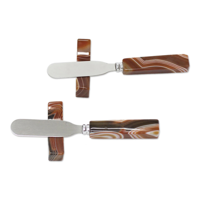 Agate spreader knives and rests, 'Swirling Brown Deli' (pair) - Artisan Crafted Agate Spreader Knives with Rests