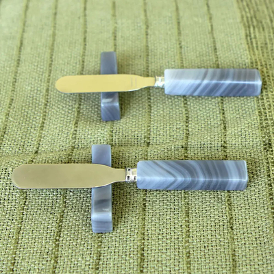 Agate spreader knives and rests, 'Hypnotic Gray Deli' (pair) - Agate spreader knives and rests (Pair)