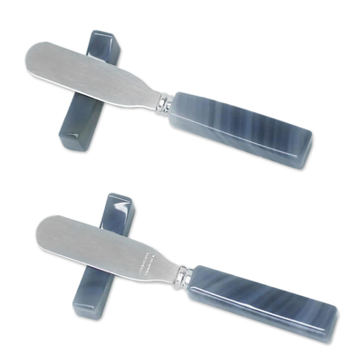 Agate spreader knives and rests, 'Hypnotic Gray Deli' (pair) - Agate spreader knives and rests (Pair)