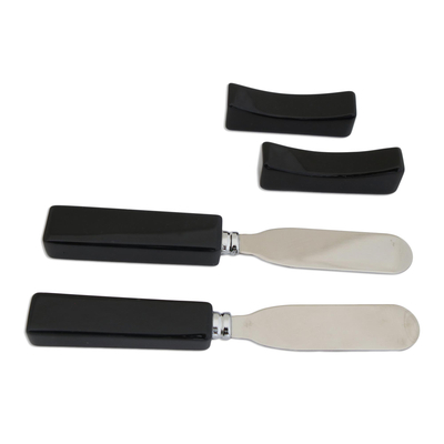 Agate spreader knives and rests, 'Black Night Deli' (pair) - Agate spreader knives and rests (Pair)