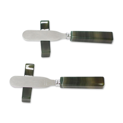 Agate spreader knives and rests, 'Fresh Green Deli' (pair) - Agate Spreader Knives and Rests