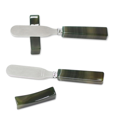 Agate spreader knives and rests, 'Fresh Green Deli' (pair) - Agate Spreader Knives and Rests