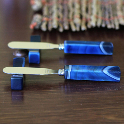 Agate spreader knives and rests, Sapphire Blue Deli (pair)