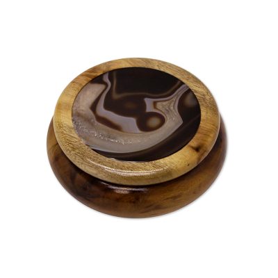Cedar and agate jewelry box, 'Brown Universe' - Cedar and Brazilian Agate Small Round Jewelry Box