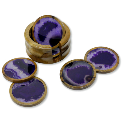 Cedar and agate coasters, 'Purple Cosmos' (set of 6) - Handcrafted Stone Cedarwood Coasters (Set of 6) with Holder