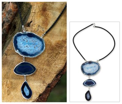 Agate Y necklace, 'Sea Blue Mystique' - Fair Trade Leather and Agate Modern Necklace