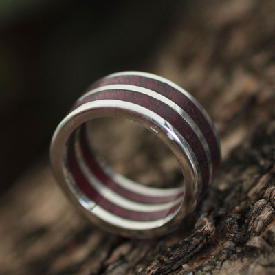 Men's wood and silver band ring, 'Triumph' - Men's wood and silver band ring
