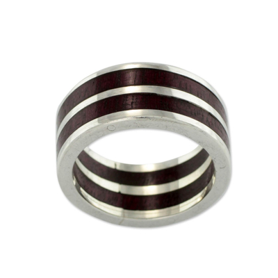 Men's wood and silver band ring, 'Triumph' - Men's wood and silver band ring