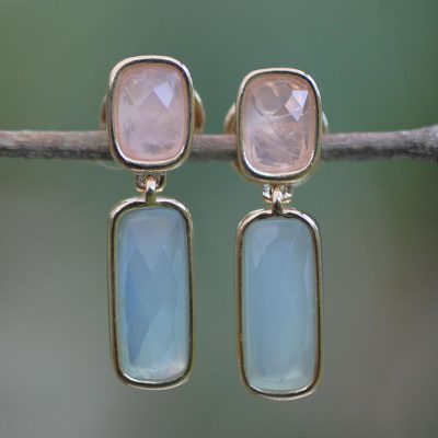 Gold plated rose quartz dangle earrings, 'Brazilian Spirit' - Goldplated rose quartz dangle earrings