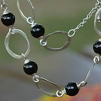 Sterling silver link necklace, 'Elos' - Black Agate and Sterling Silver Artisan Crafted Necklace