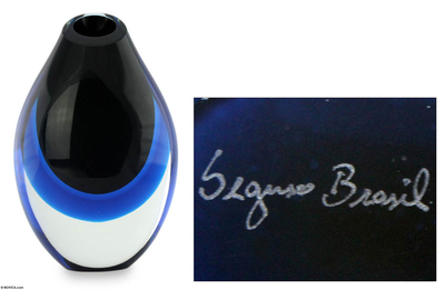 Handblown art glass vase, 'Buzios Blue' - Murano Inspired Handblown Art Glass Vase